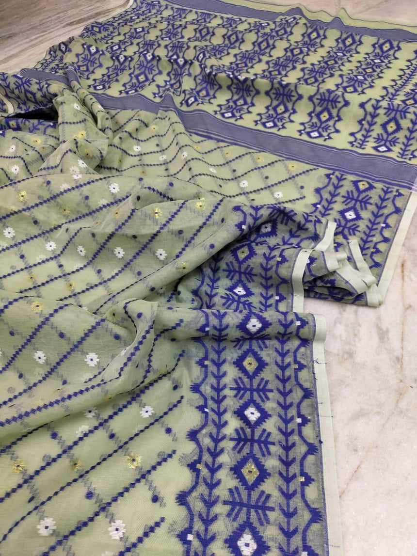 Light mint green with blue soft handloom dhakai jamdani saree - Tamal Boutique