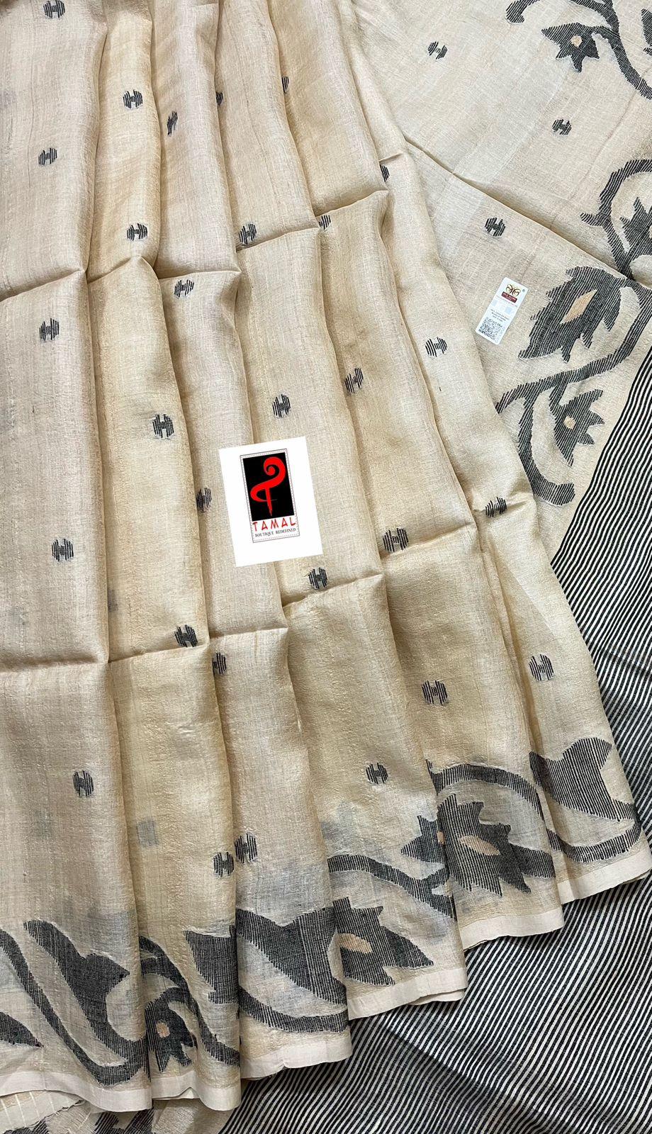 Light muga with black colour floral lata handwoven tussar silk jamdani saree - Tamal Boutique