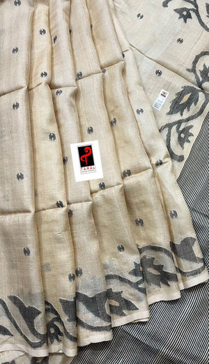 Light muga with black colour floral lata handwoven tussar silk jamdani saree - Tamal Boutique