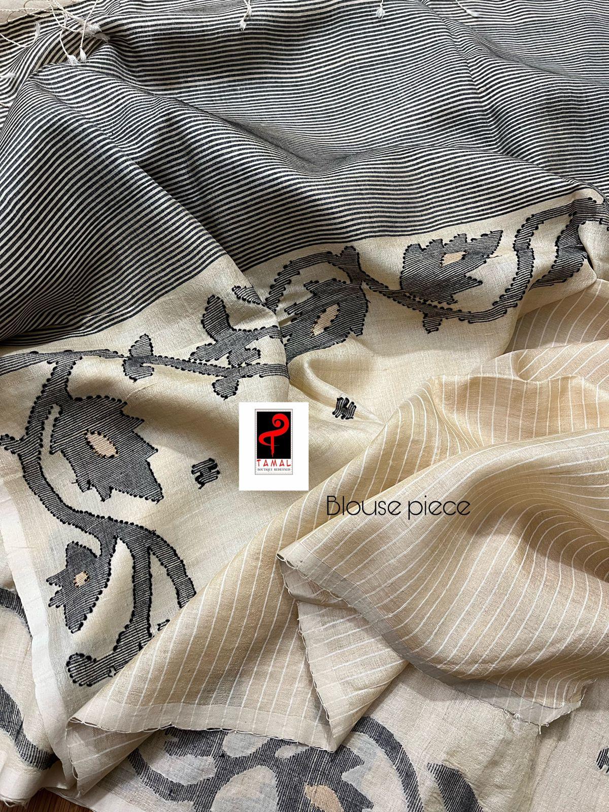 Light muga with black colour floral lata handwoven tussar silk jamdani saree - Tamal Boutique
