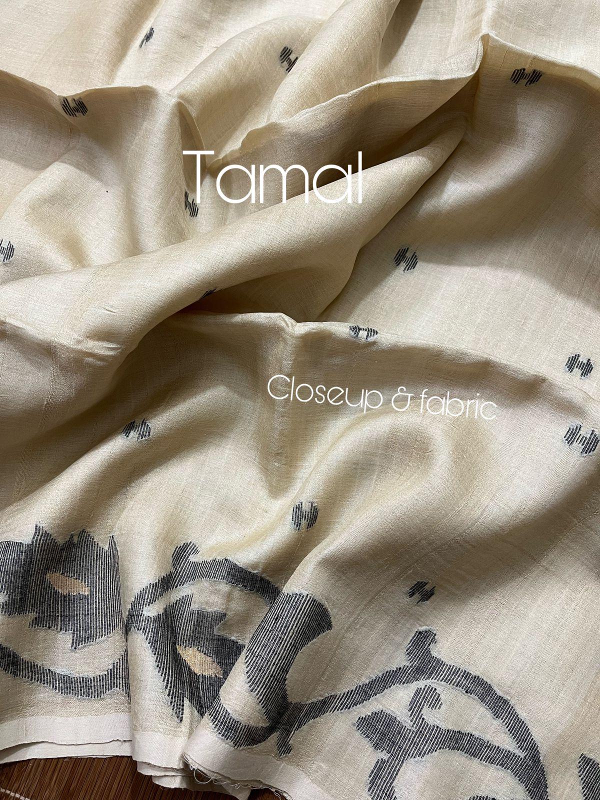Light muga with black colour floral lata handwoven tussar silk jamdani saree - Tamal Boutique