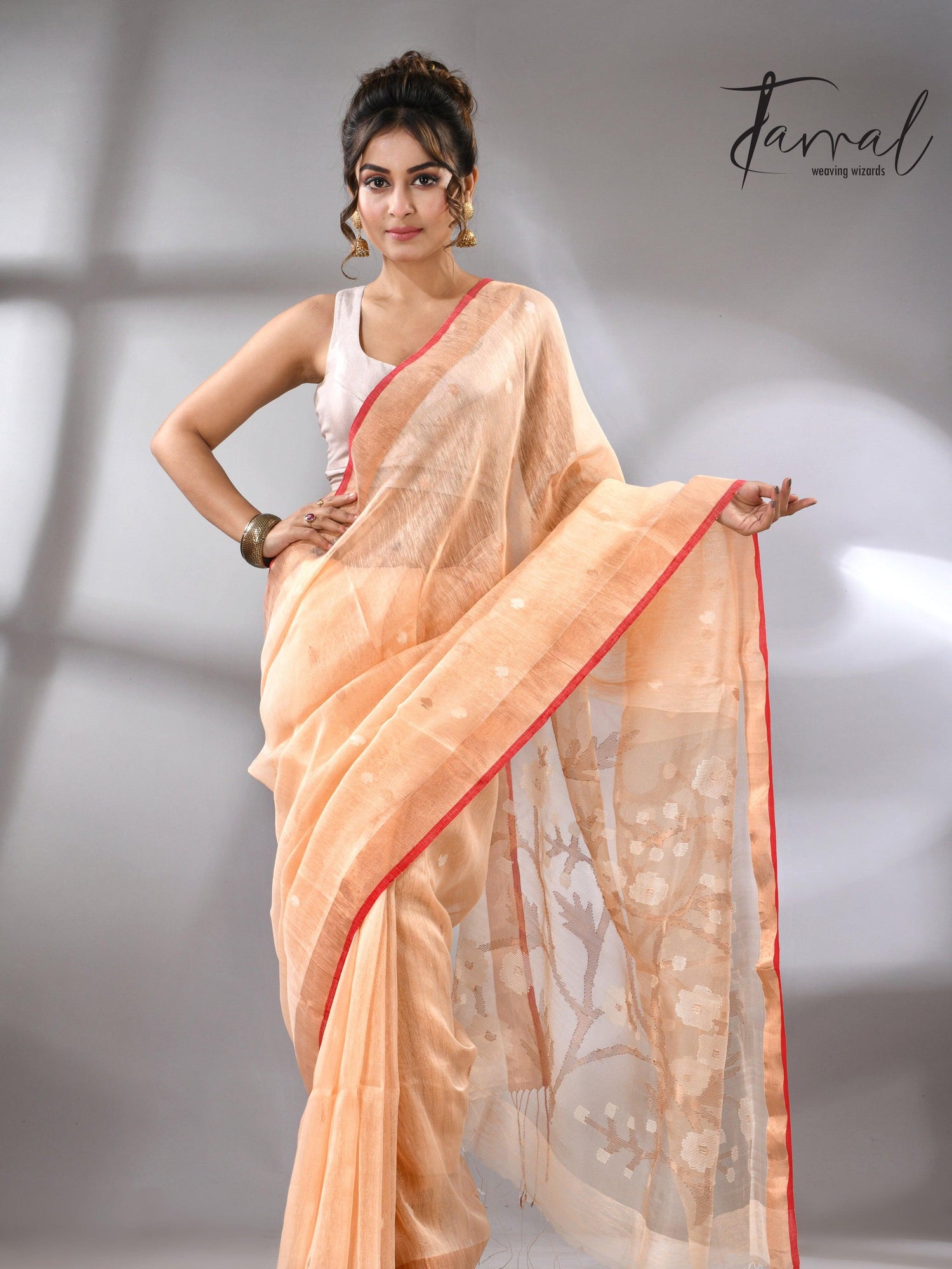 Light peach zari border silk linen handwoven jamdani sarees full