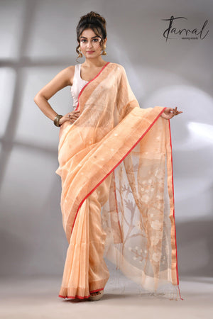 Light peach zari border silk linen handwoven jamdani sarees full