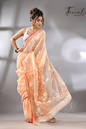 Light peach zari border silk linen handwoven jamdani sarees full2