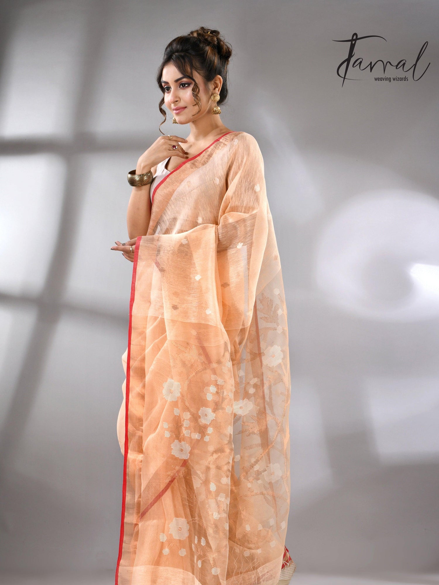 Light peach zari border silk linen handwoven jamdani sarees left