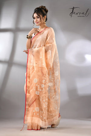 Light peach zari border silk linen handwoven jamdani sarees left