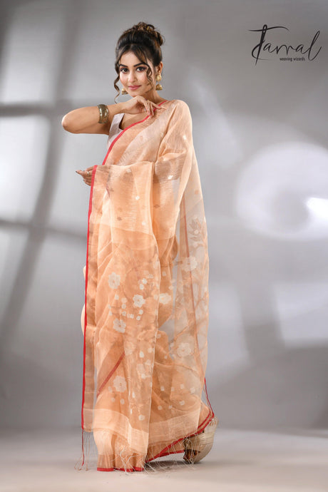 Light_peach_zari_border_silk_linen_handwoven_jamdani_sarees_left2