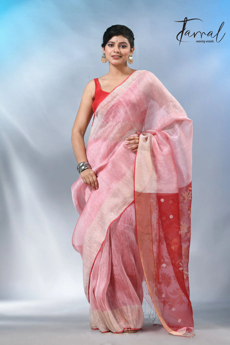 Light pink colour with red silk linen handwoven jamdani saree