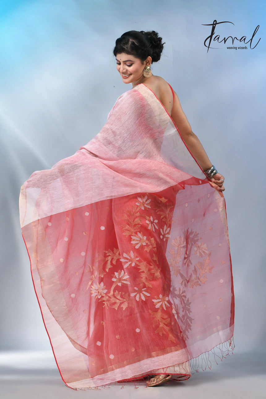 Light pink colour with red silk linen handwoven jamdani saree