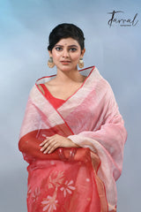 Light pink colour with red silk linen handwoven jamdani saree