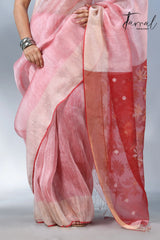 Light pink colour with red silk linen handwoven jamdani saree