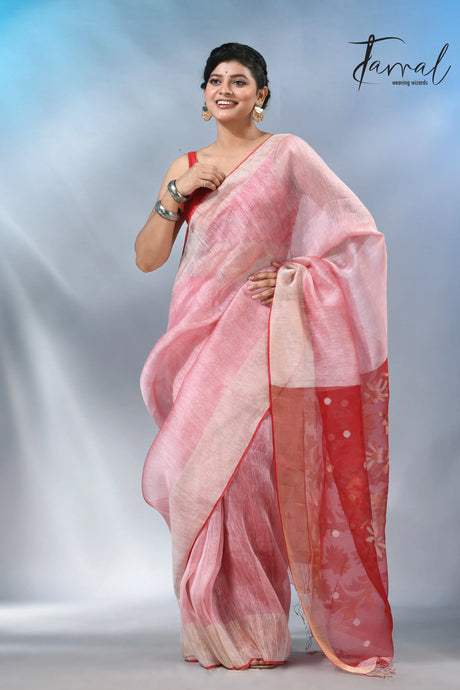 Light pink colour with red silk linen handwoven jamdani saree