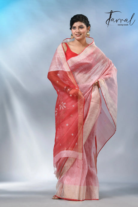 Light pink colour with red silk linen handwoven jamdani saree