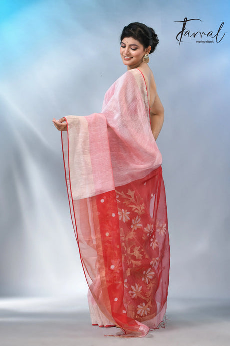 Light pink colour with red silk linen handwoven jamdani saree
