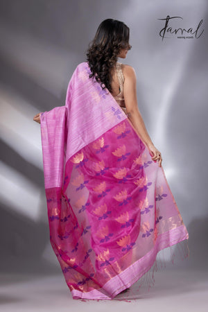 Light pink with rani golden lotus pallu matka silk handwoven jamdani saree - Tamal Boutique
