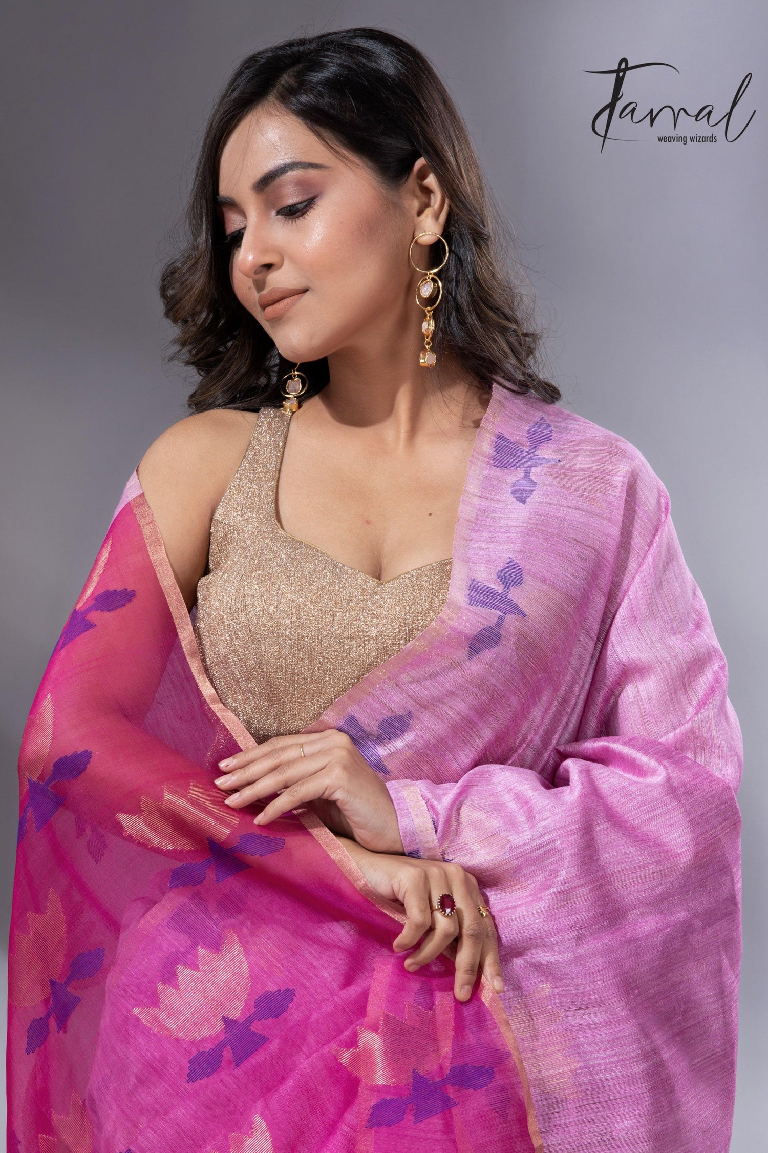 Light pink with rani golden lotus pallu matka silk handwoven jamdani saree - Tamal Boutique