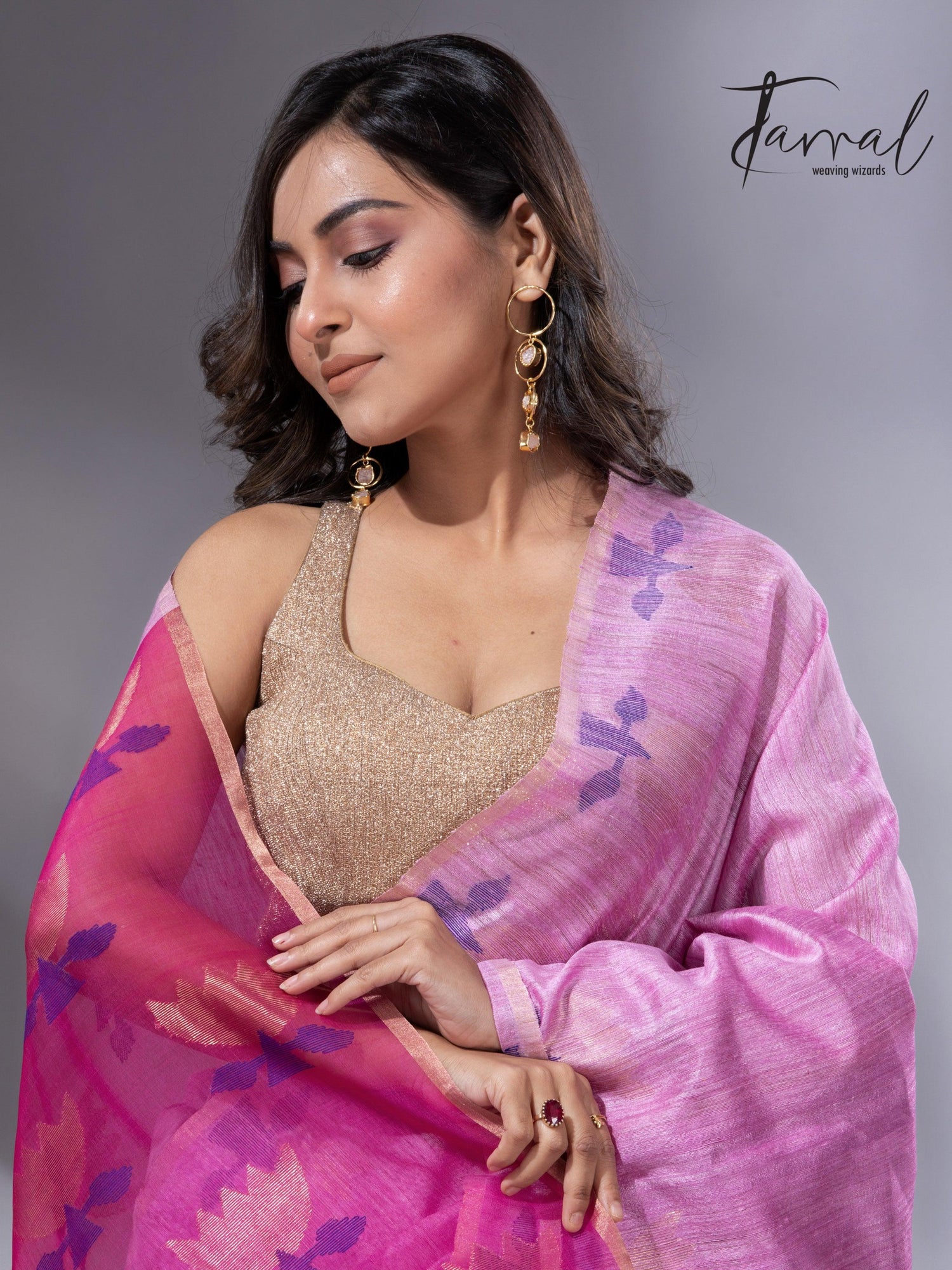 Light pink with rani golden lotus pallu matka silk handwoven jamdani saree - Tamal Boutique
