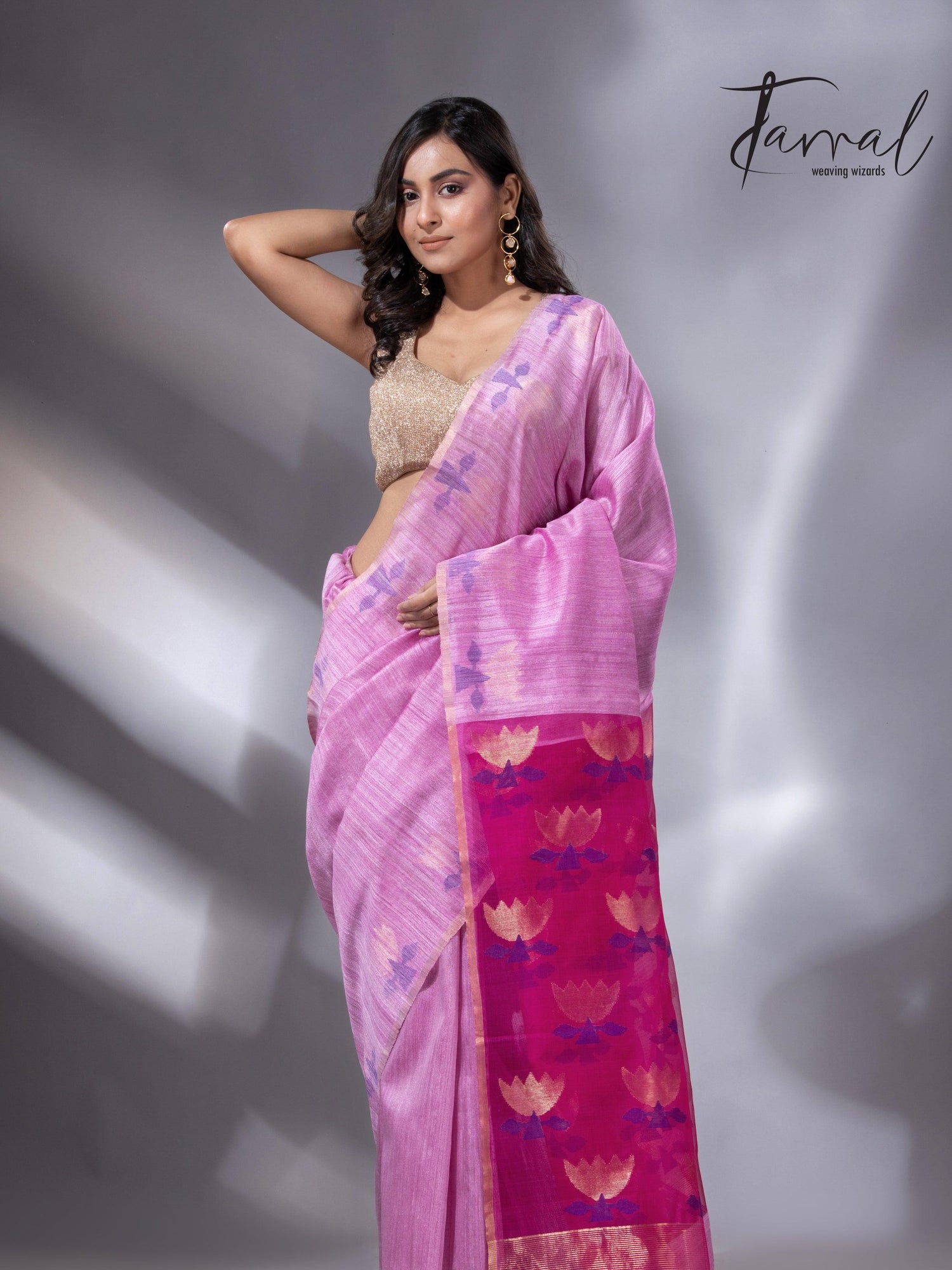 Light pink with rani golden lotus pallu matka silk handwoven jamdani saree - Tamal Boutique