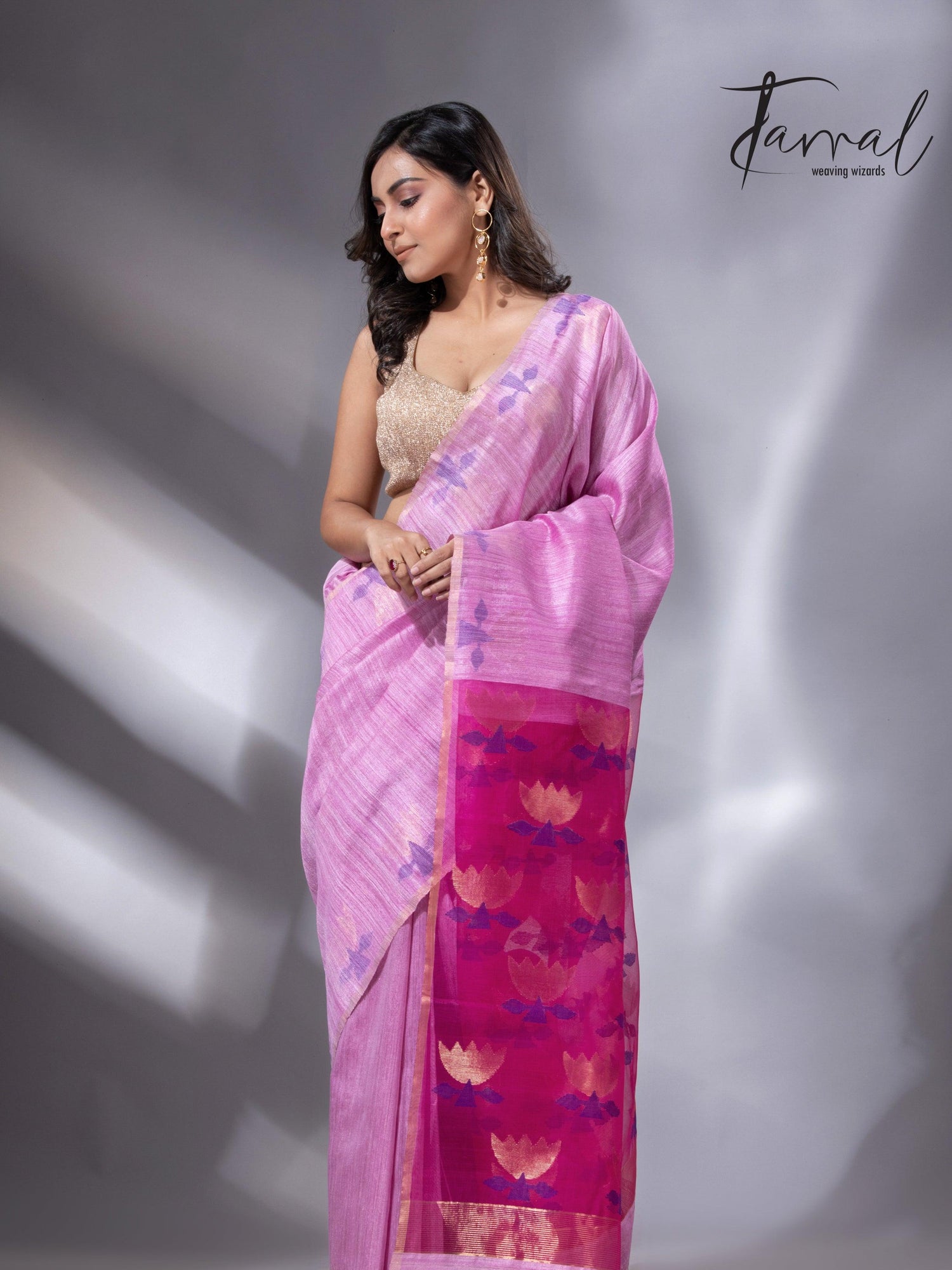 Light pink with rani golden lotus pallu matka silk handwoven jamdani saree - Tamal Boutique