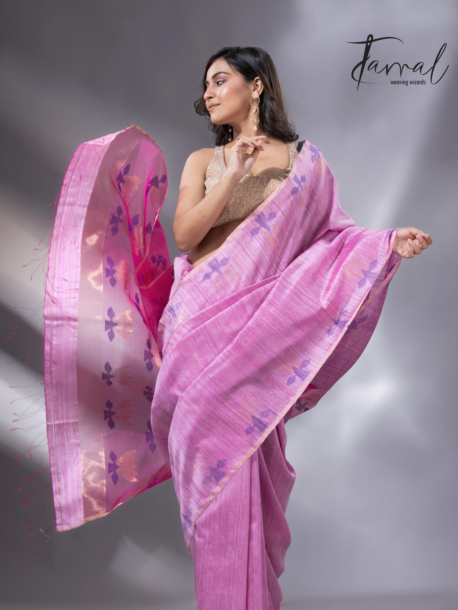 Light pink with rani golden lotus pallu matka silk handwoven jamdani saree - Tamal Boutique