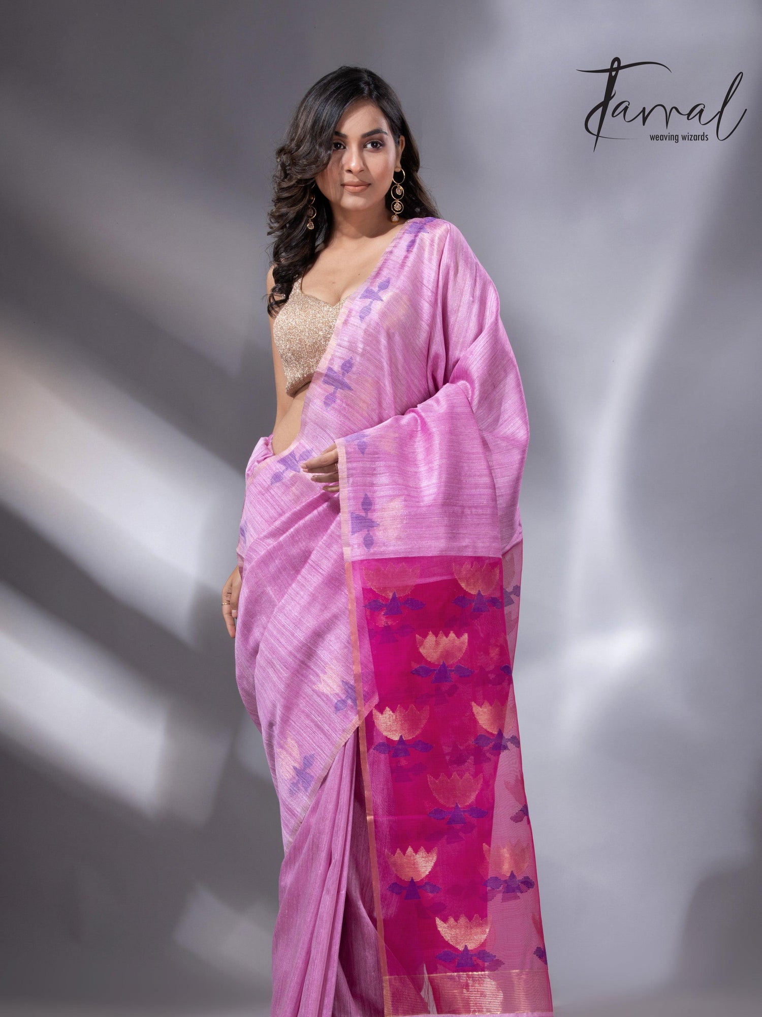 Light pink with rani golden lotus pallu matka silk handwoven jamdani saree - Tamal Boutique