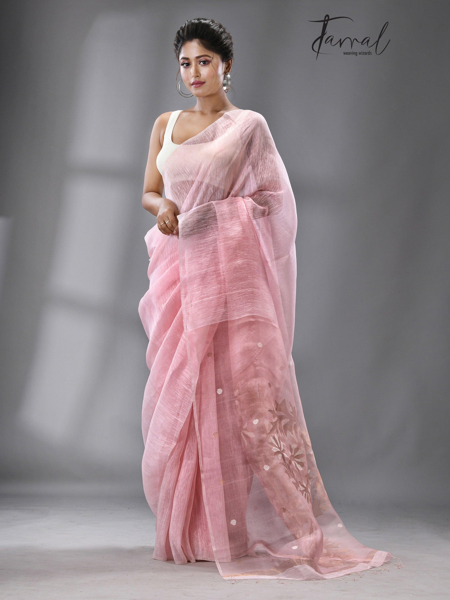 Light pink thoka silk linen handwoven jamadani saree - Tamal Boutique
