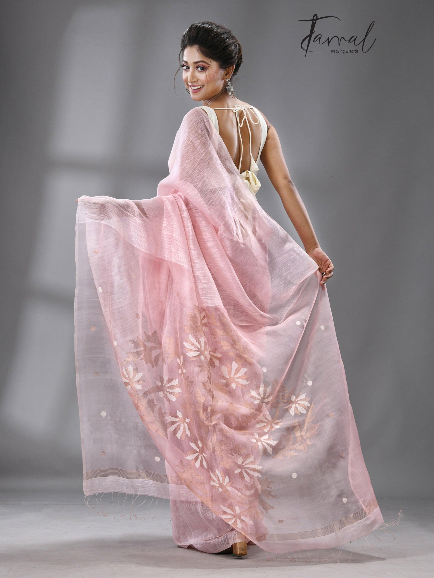 Light pink thoka silk linen handwoven jamadani saree - Tamal Boutique