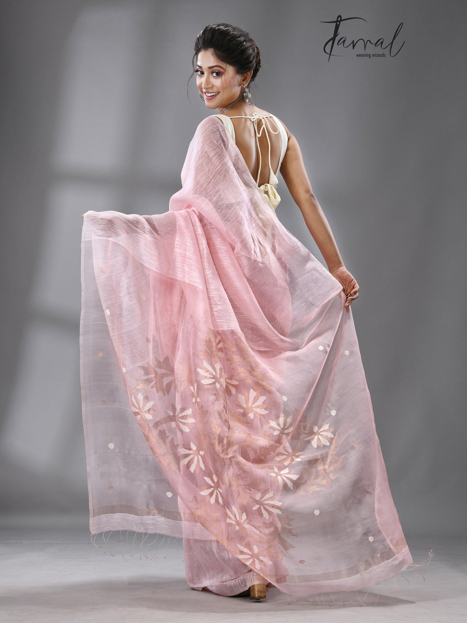 Light pink thoka silk linen handwoven jamadani saree - Tamal Boutique