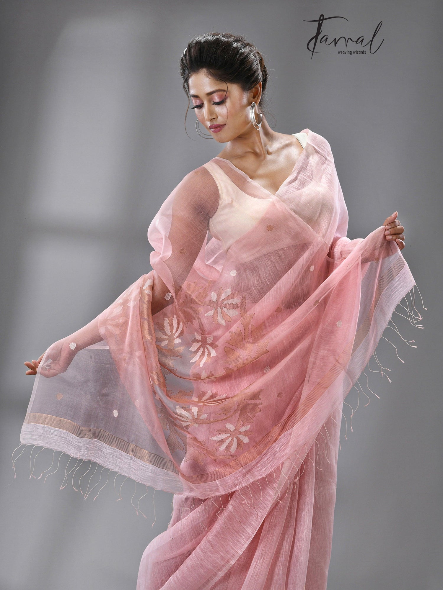 Light pink thoka silk linen handwoven jamadani saree - Tamal Boutique