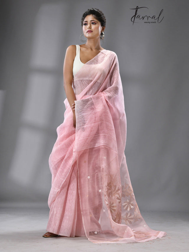 Light pink thoka silk linen handwoven jamadani saree - Tamal Boutique