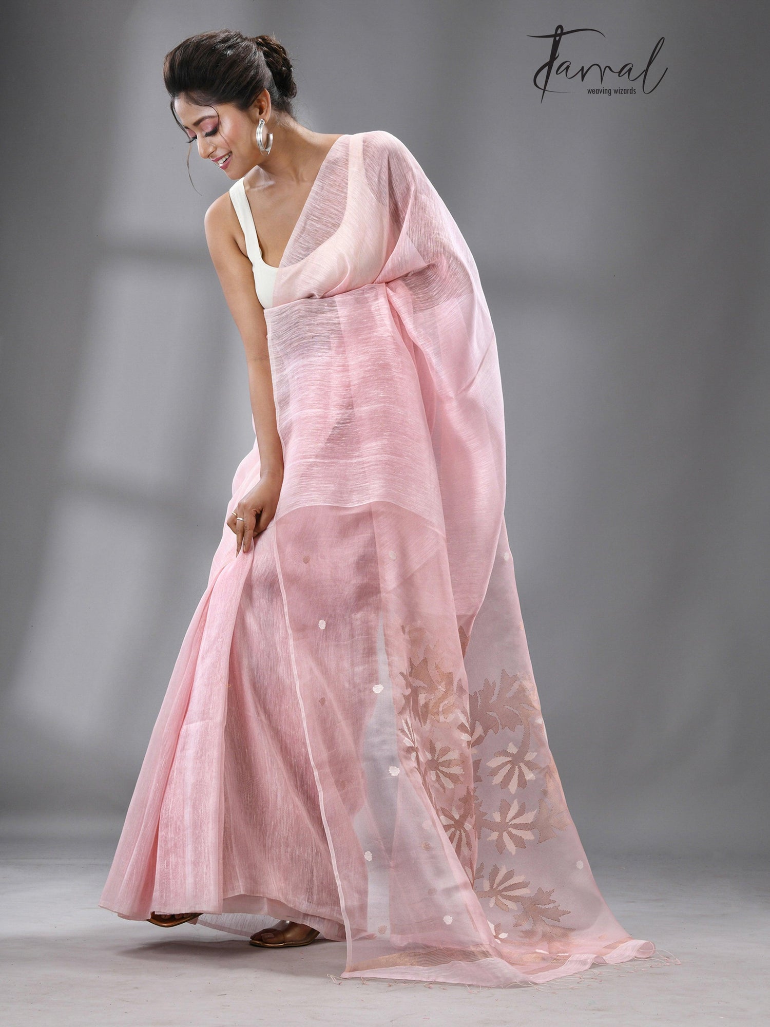 Light pink thoka silk linen handwoven jamadani saree - Tamal Boutique