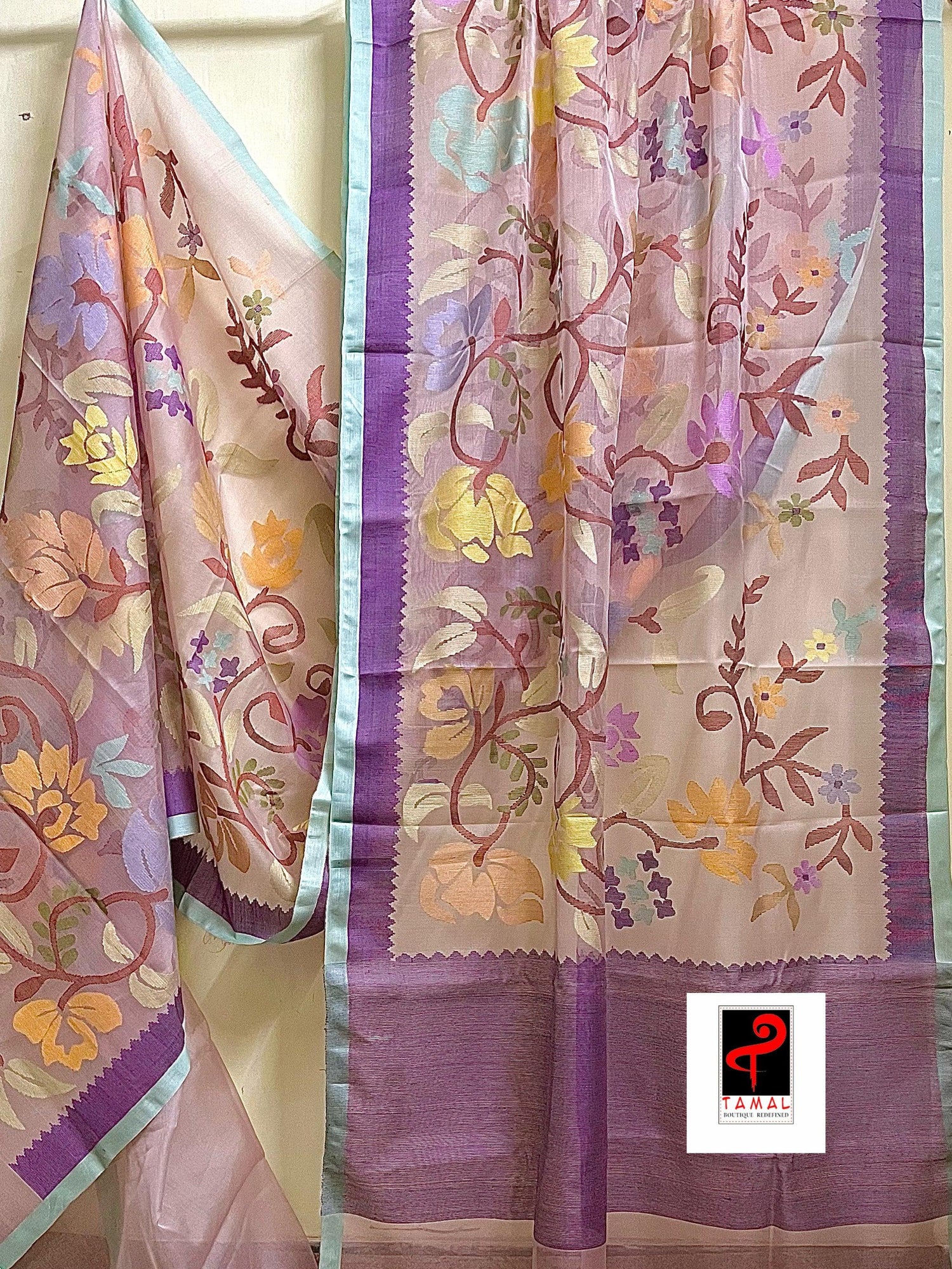 Light pink with multi colour allover floral handwoven jamadani saree in muslin silk - Tamal Boutique
