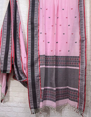 Light pink with red & black border handloom pure cotton saree
