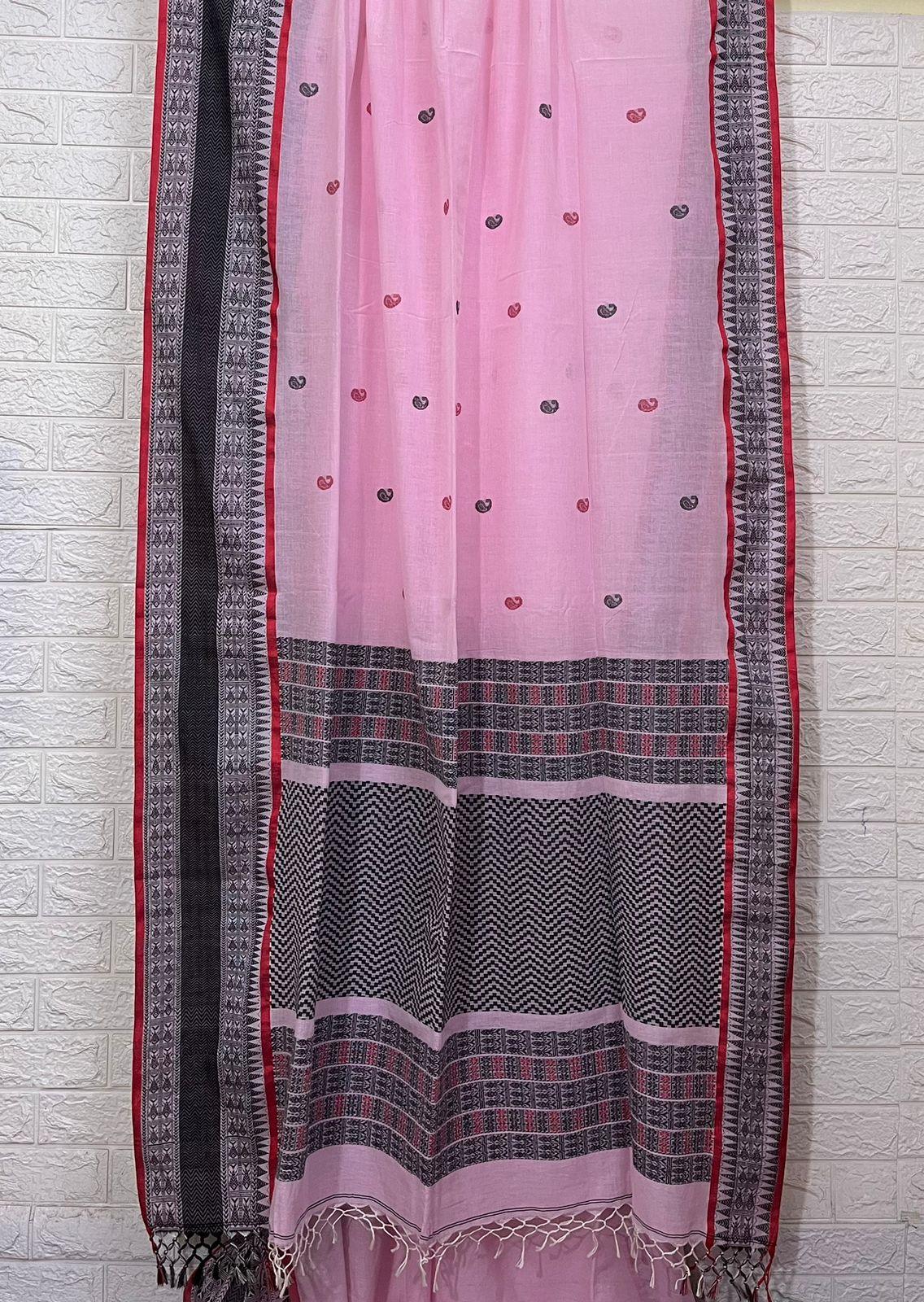 Light pink with red & black border handloom pure cotton saree