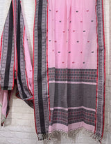 Light pink with red &black fish motifs border handloom cotton bomkai saree - Tamal Boutique