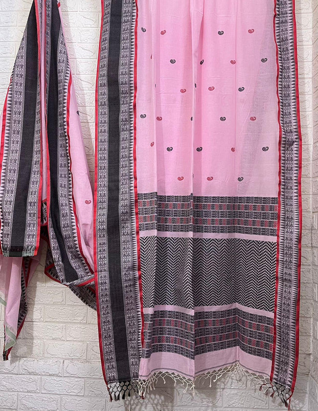 Light pink with red &black fish motifs border handloom cotton bomkai saree - Tamal Boutique