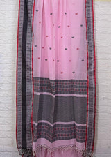 Light pink with red &black fish motifs border handloom cotton bomkai saree - Tamal Boutique
