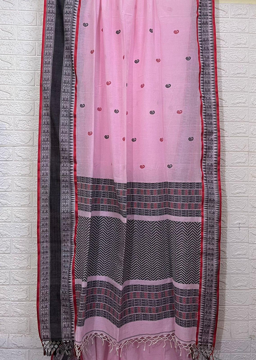 Light pink with red &black fish motifs border handloom cotton bomkai saree - Tamal Boutique