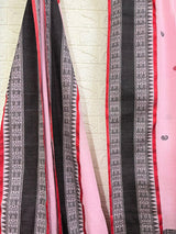 Light pink with red &black fish motifs border handloom cotton bomkai saree - Tamal Boutique