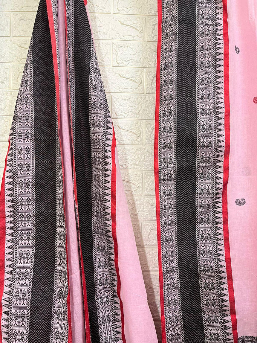 Light pink with red &black fish motifs border handloom cotton bomkai saree - Tamal Boutique