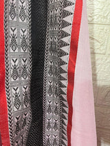 Light pink with red &black fish motifs border handloom cotton bomkai saree - Tamal Boutique
