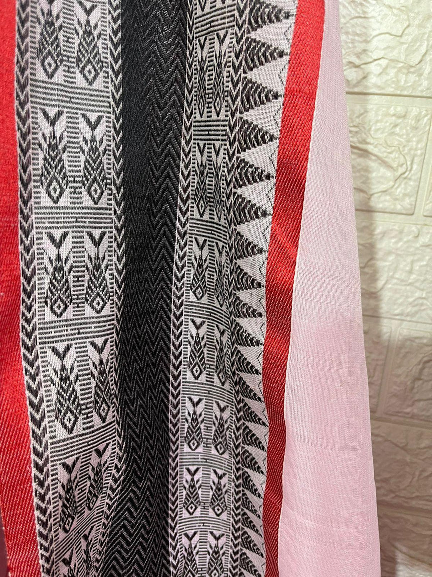 Light pink with red &black fish motifs border handloom cotton bomkai saree - Tamal Boutique