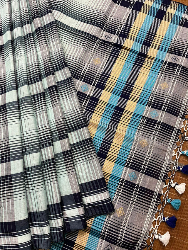 Light sea green with black stripe bhujoudi cotton saree - Tamal Boutique