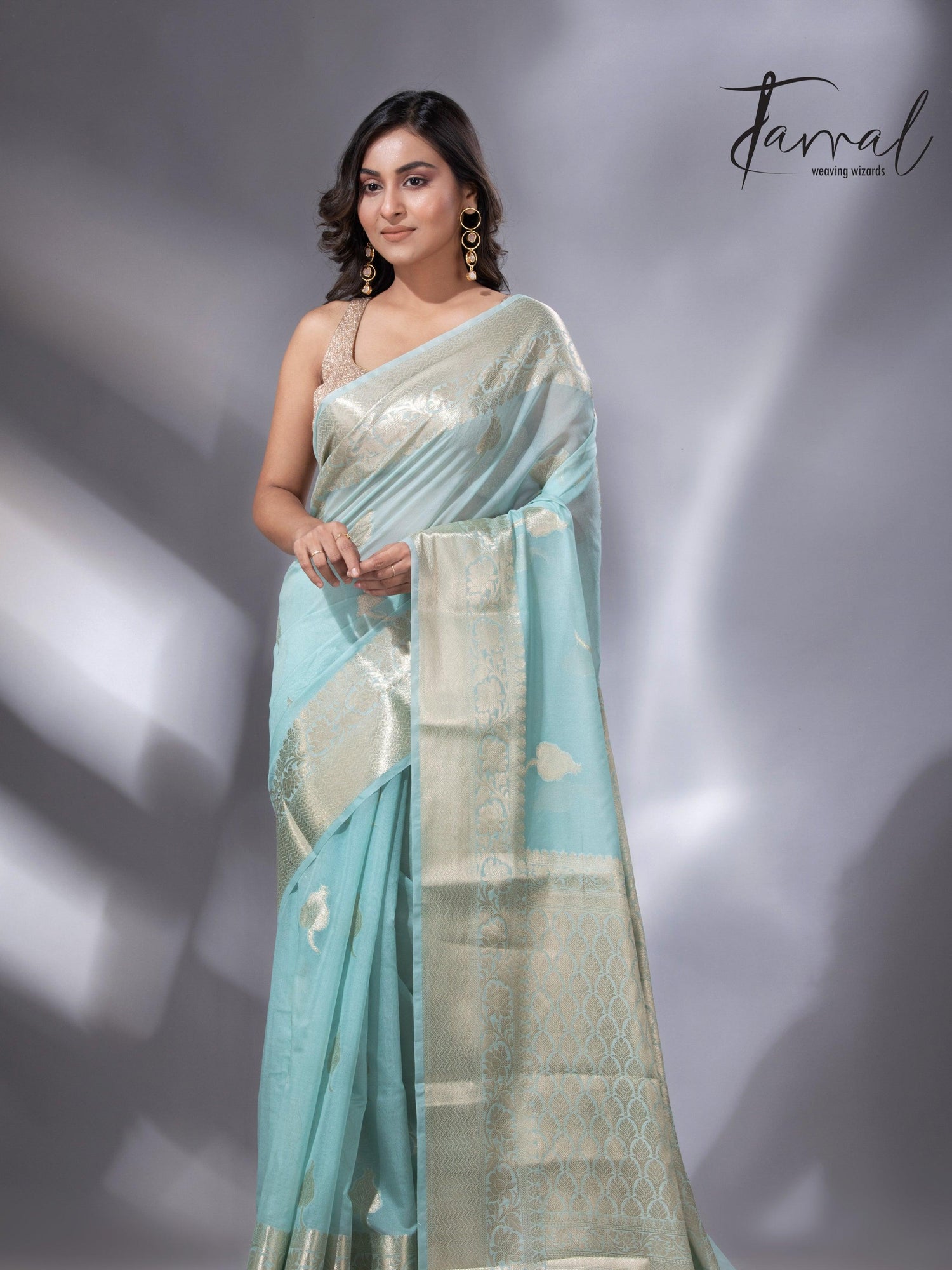 Light sea green zari work organza silk leafy banarasi handloom saree