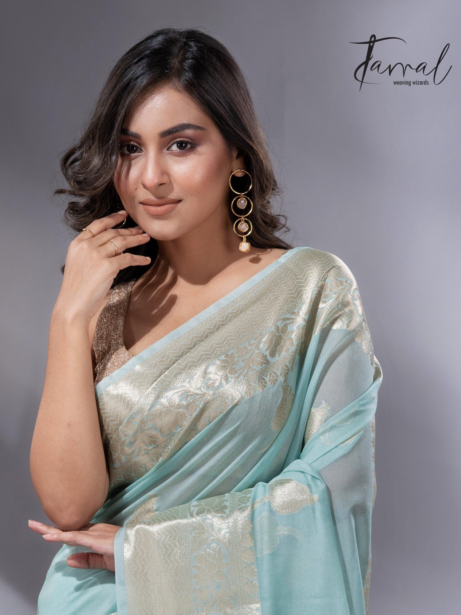 Light sea green zari work organza silk leafy banarasi handloom saree1