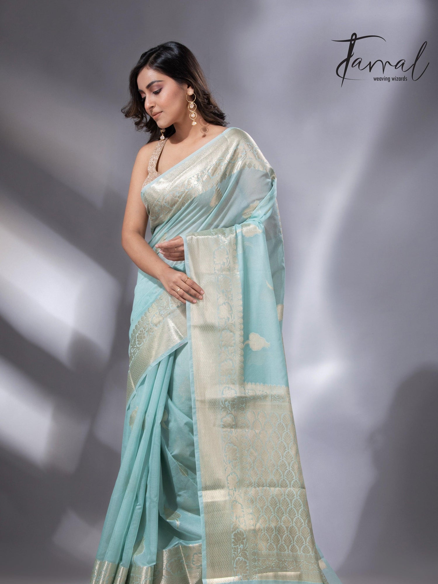 Light sea green zari work organza silk leafy banarasi handloom saree2