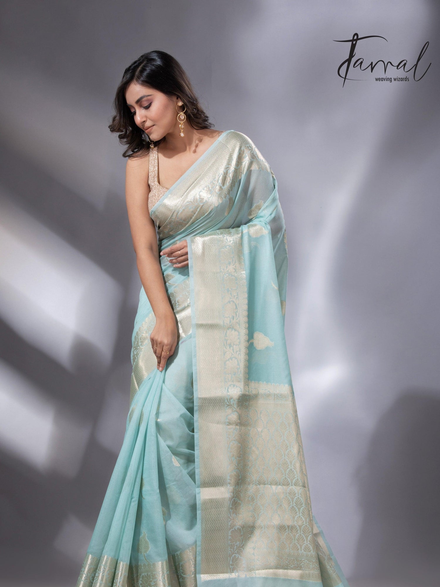 Light sea green zari work organza silk leafy banarasi handloom saree3