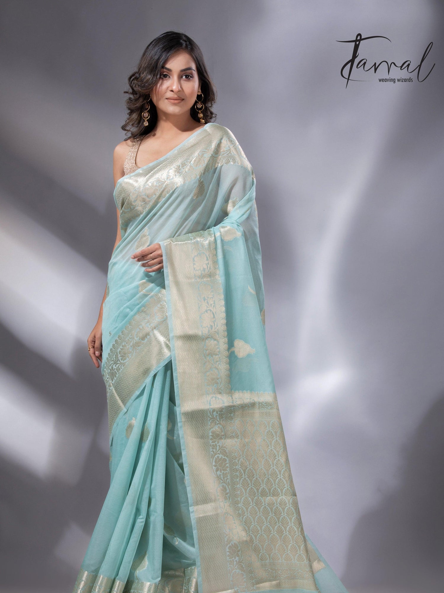 Light sea green zari work organza silk leafy banarasi handloom saree4
