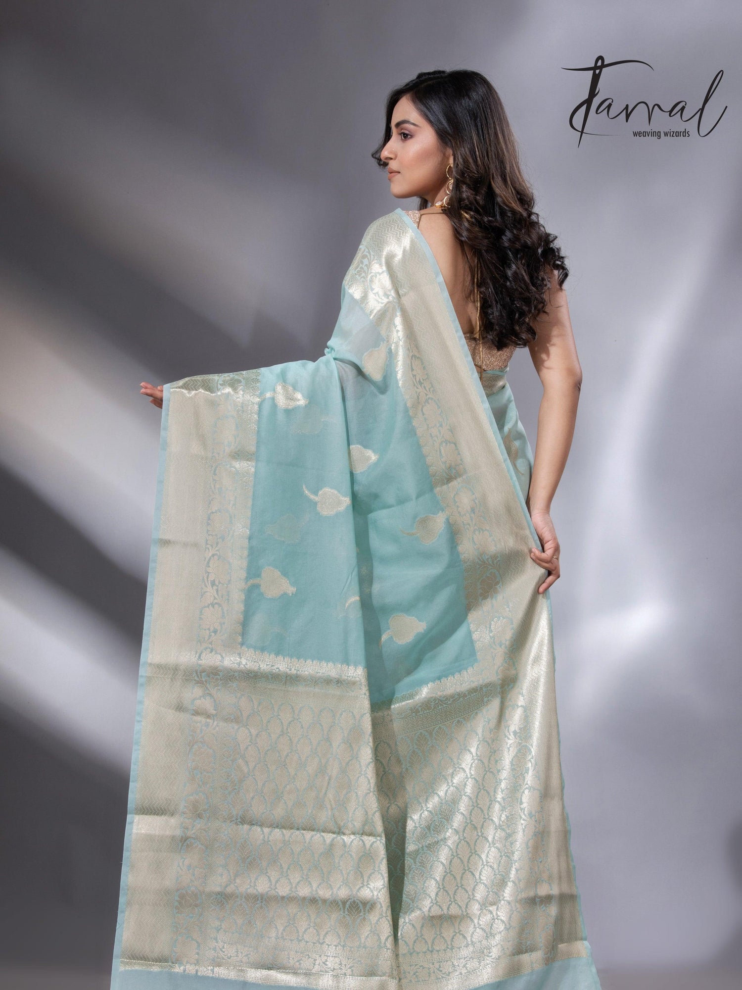 Light sea green zari work organza silk leafy banarasi handloom saree back