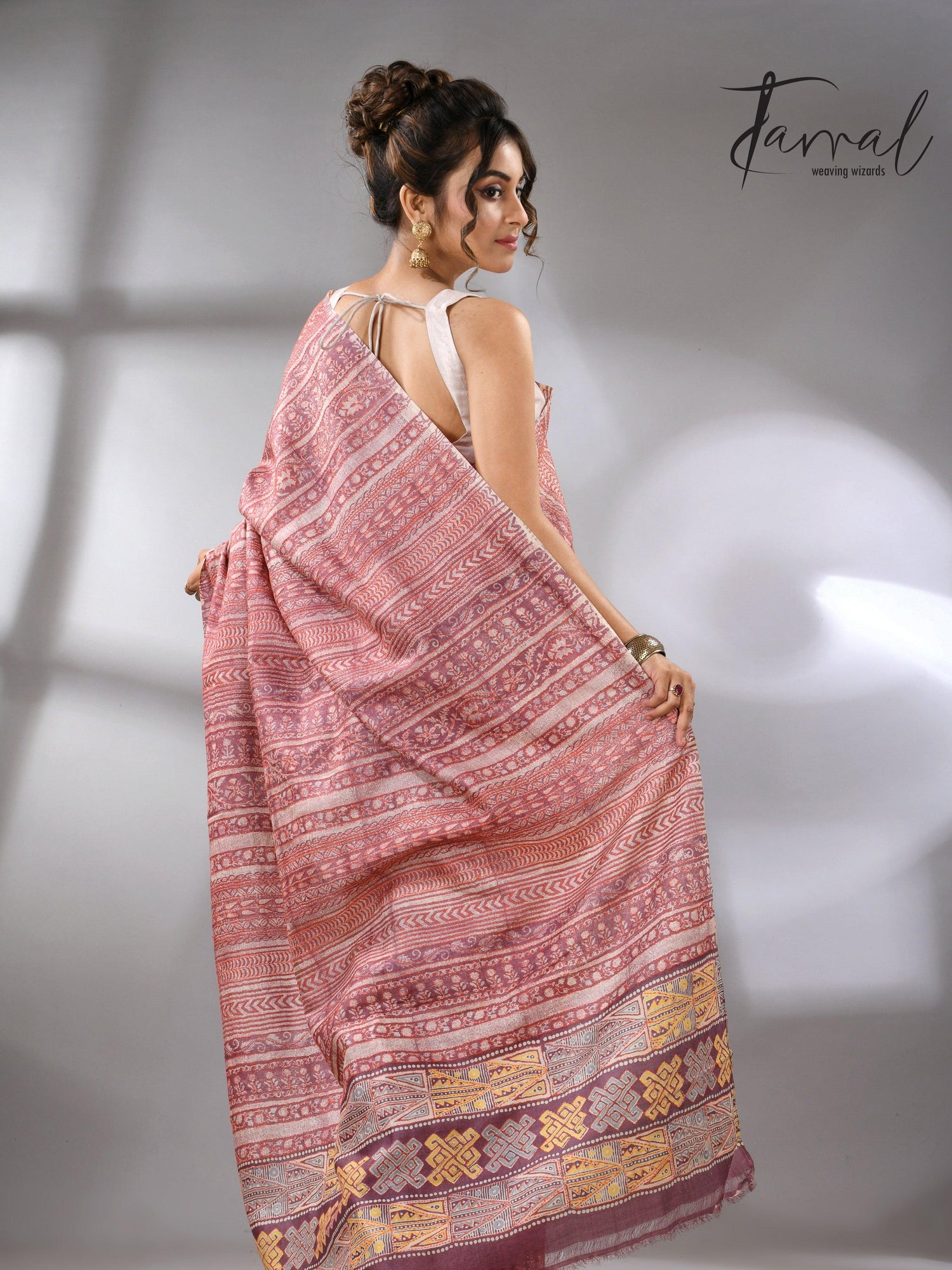 Light with dark brown pure Tussar batik silk handcrafted saree back